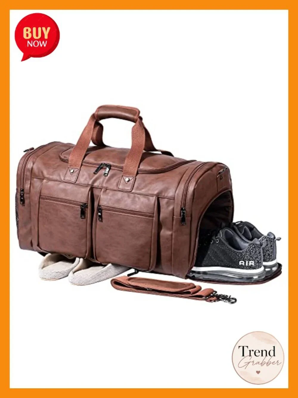 Waterproof Faux Leather Travel Duffel Bag with Shoe Pouch, Weekender Overnight